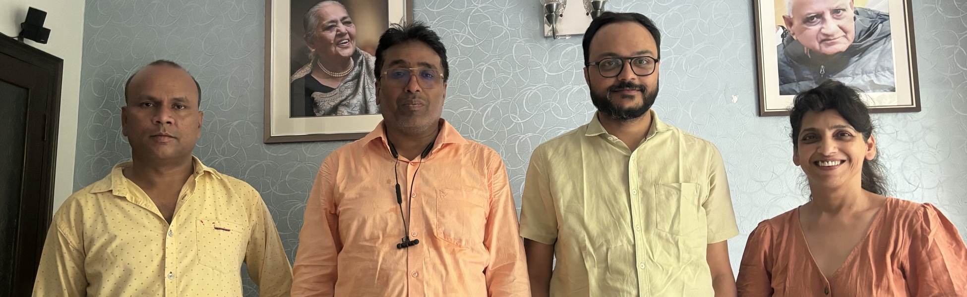 The Trisna Films® production crew posing indoors in New Delhi, India, during a BBC World media project for 2 Degrees West Ltd. Bristol. film shooting locations in india, video shooting locations in india, tv shooting locations in india, shooting locations in india