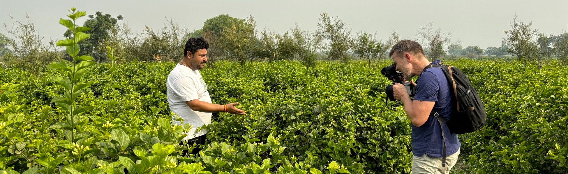 Director Mark Limburg holding a camera and filming a local man in a lush green field in Kannauj, Uttar Pradesh, India, during the production of the 'Rain' documentary with Trisna Films®. filmmaking workshop in india, filmmaking workshop in delhi, cinematography workshop in india, cinematography workshop in delhi,  camera workshop in india, camera workshop in delhi, editing workshop in india, editing workshop in delhi, vfx workshop in india, vfx workshop in Delhi, animation workshop in india, animation workshop in Delhi, photography workshop in india, photography workshop in delhi, direction workshop in india, direction workshop in delhi, script writing workshop in india, script writing workshop in delhi