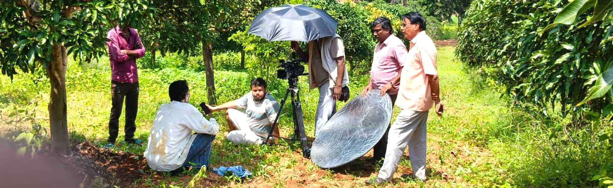 Trisna Films® crew providing on-location production support for an Austrian TV documentary on organic mango farming in Bengaluru South, Karnataka. The behind-the-scenes image shows the local Indian fixer team managing camera and lighting setups in a rural agricultural orchard. Fixer in Dili, fixer in Timor-Leste. Line producer in Dili, line producer in Timor-Leste.