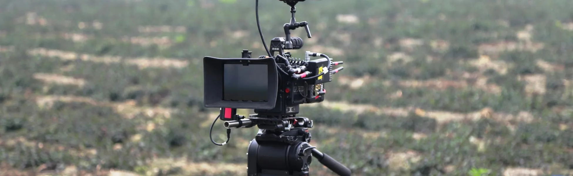 A fully rigged RED professional cinema camera on a tripod with a monitor and matte box, used for high-end film production rentals at Trisna Films®. Fixer in Australia, film fixer in Australia, media fixer in australia, movie fiver in australia, production fixer in Australia, Line producer in australia.