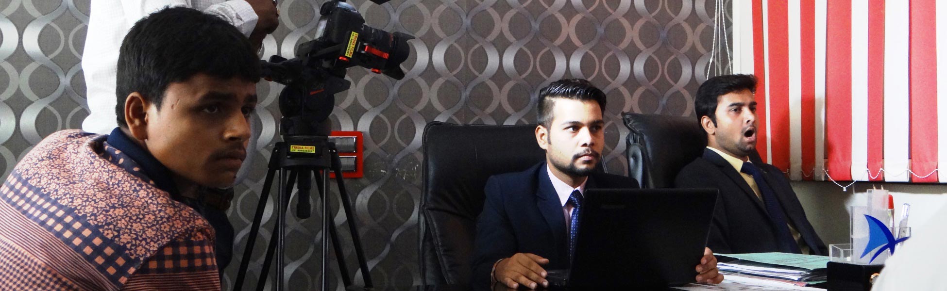 Behind-the-scenes look at Trisna Films® cast and crew during a motivational video production in a Ghaziabad office studio, featuring professional lighting, camera equipment, and actors in business attire. film shooting locations in Australian Capital Territory, video shooting locations in Australian Capital Territory, tv shooting locations in Australian Capital Territory, shooting locations in Australian Capital Territory
