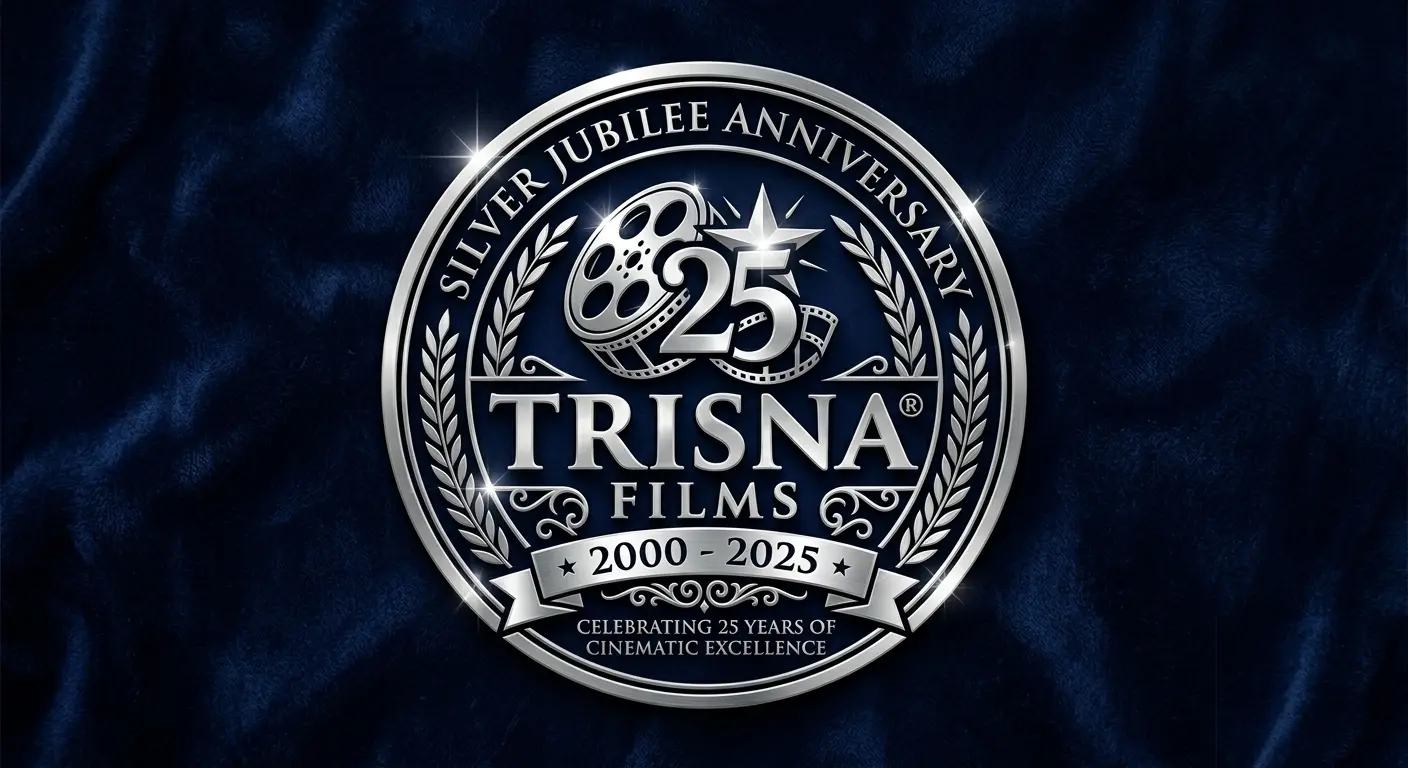 Official silver metallic 3D logo of Trisna Films® commemorating their Silver Jubilee 25th Anniversary from 2000 to 2025 on a dark navy velvet background.